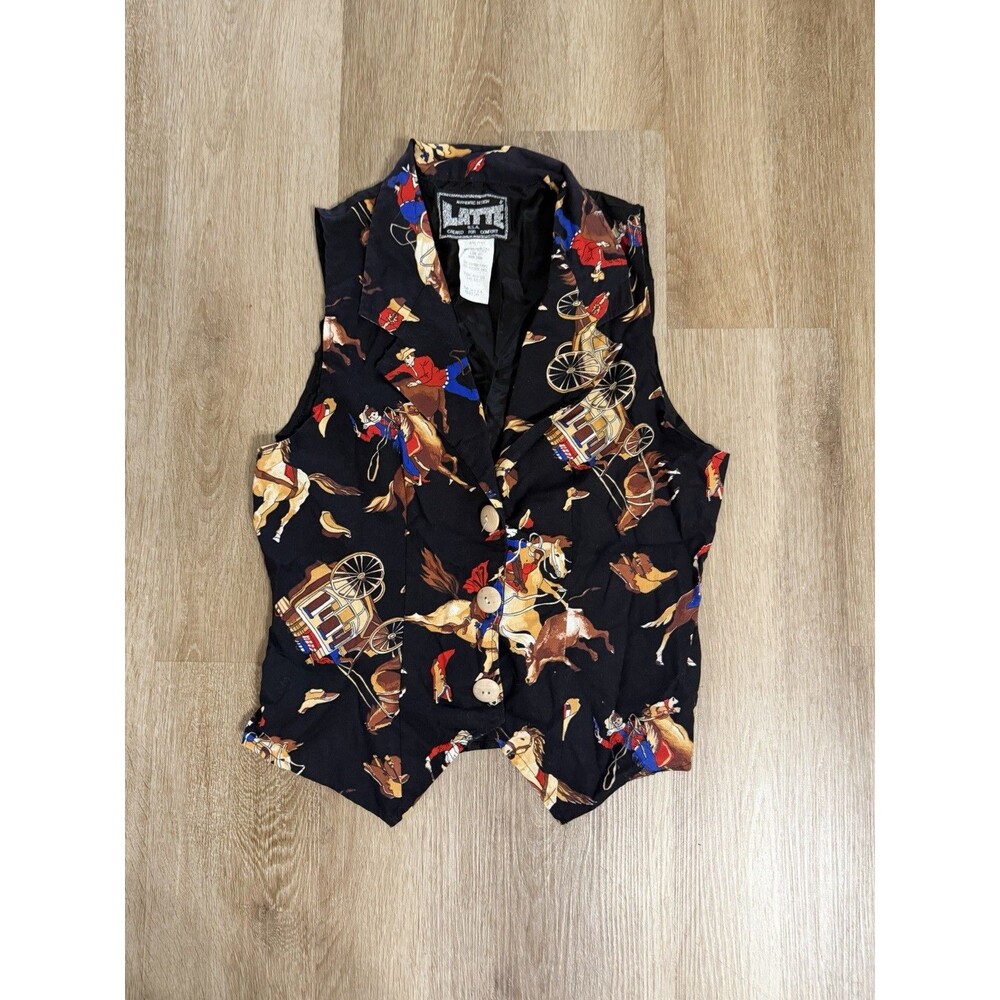 Vintage Latte Western Cowboy Women’s Vest Medium Cows Horses Wagon